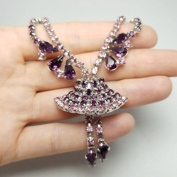 Vintage Purple Rhinestone Bell Shape Tutu Pendant Necklace, Retro Unique Design - Picture 4 of 5